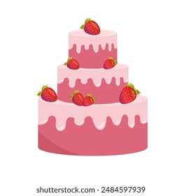 Strawberry cake with cream. Birthday cake, pink color. Glazing, creme, sweet food, dessert. Vector isolated on white background	