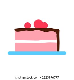 Strawberry cake with cream decoration flat icon. Colorful festive sweet tasty object isolated on white background. Chocolate homemade dessert. Party celebration element design vector illustration.