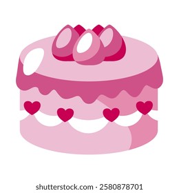 Strawberry Cake Delight: A delectable illustration of a pink strawberry cake, adorned with fresh strawberries and delicate hearts, perfect for Valentine's Day or any romantic celebration.