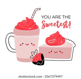 Strawberry cake, dessert, cheesecake and latte, sweet drink. Couple in love. You are the sweetest! Valentine's Day.