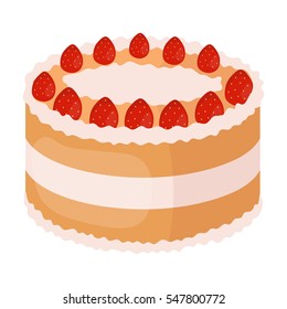 Strawberry cake icon in cartoon style isolated on white background. Cakes symbol stock vector illustration.