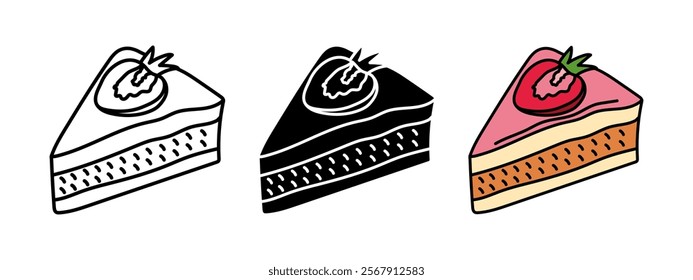 Strawberry cake icon. Piece of strawberry cake vector illustration with berry on the top. Berry pie bakery symbol. Confectionery cream dessert. Pink pastry sign. Birthday party celebration pictogram.