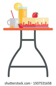 Strawberry cake, juice and tea dessert and drinks. Bakery product and hot beverage, orange smoothie or fresh, breakfast or dinner, nutrition. Vector illustration in flat cartoon style