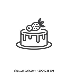 Strawberry cake line icon. linear style sign for mobile concept and web design. Birthday cake with fresh strawberry outline vector icon. Symbol, logo illustration. Vector graphics