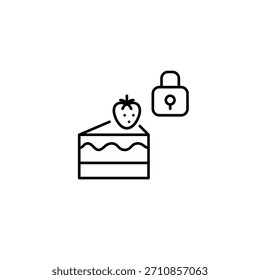 Tarta de fresa y candado. Asegure el orden de alimentos y los restaurantes con certificación de seguridad. Icono de Vector de trazo perfecto y editable