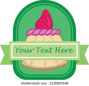 Strawberry cake logo with oval frame on the back and ribbon in front, can be used for shop logos, wraps and packaging.