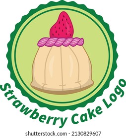 Strawberry cake logo with round and wavy frame on the back and with circular lettering, can be used for shop logos, wraps and packaging.