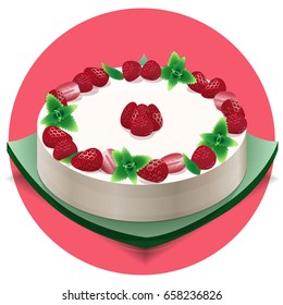 Strawberry cake, strawberry with mint leaves, served on a square plate.