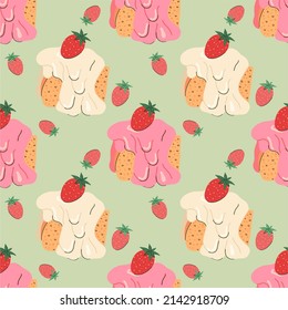 Strawberry cake on a green background. Flat design, cartoon, vector illustration. All elements are isolated.