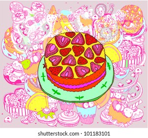 Strawberry Cake on Sweet Background (hand drawn vector)