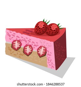 Strawberry Cake with strawberry on top.Vector illustration isolated on white background.Can be used for logo, icon, restaurant menu, packaging, and graphic.