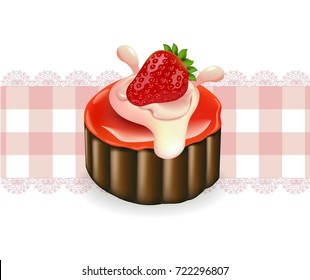 Strawberry cake on a vintage pattern. Vector delicious illustration