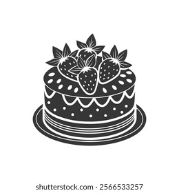 Strawberry cake on white background, engraving, silhouette. Black and white illustration of dessert, pastry, food icon