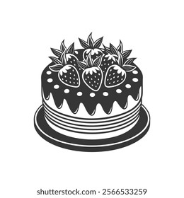 Strawberry cake on white background, engraving, silhouette. Black and white illustration of dessert, pastry, food icon