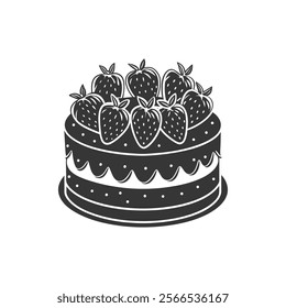 Strawberry cake on white background, engraving, silhouette. Black and white illustration of dessert, pastry, food icon