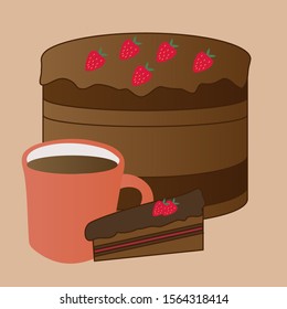 Strawberry cake, a piece of it and a Cup of coffee