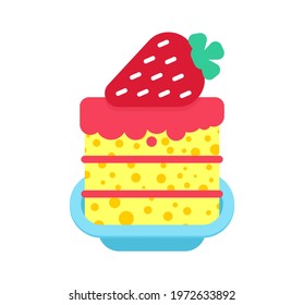 Strawberry cake piece in plate cartoon Sweets vector illustration