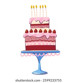 Strawberry cake with pink cream and burning candles on stand. High tray with dessert for birthday party, wedding. Celebration mascot, cake on plate cartoon vector illustration
