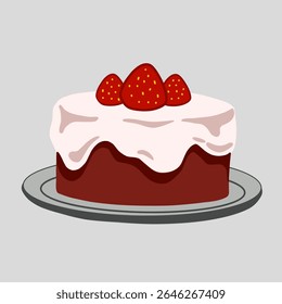 Tarta de fresa en el Vector de la ilustración de la placa, terciopelo rojo, chocolate, cumpleaños