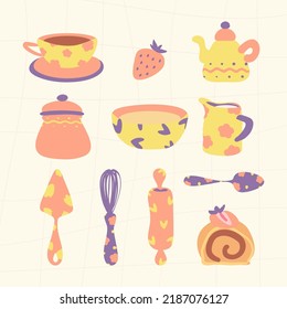 Strawberry Cake Roll Bakery Vector Elements. Teapot, Kitchenware Tools, Cup, Jar. Village Style. Old Fashioned Cook Book Design.