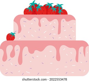 Torta de fresa de color semiplano objeto vector. Bien hecho. Elemento de tamaño completo sobre blanco. Pasta coronada con fresa fresca aislada ilustración de estilo de dibujos animados modernos para el diseño gráfico y la animación