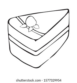 Strawberry cake single element hand drawn doodle style. Vector illustration. Black outlines isolated on white background. Valentine's day design for invitations, wedding or greeting cards.