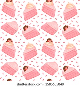 Strawberry cake slice cartoon style vector illustration seamless pattern, isolated colorful piece of delicious cake.