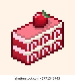 Strawberry cake slice, pixel art dessert, cute retro bakery illustration. trawberry cake slice in pixel art style. Cute retro dessert illustration with cream and fresh berries. Minimalist sweet food design perfect for games, stickers, bakery branding, menus, and digital artwork.
