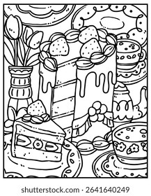 Strawberry cake and tea party set coloring page in vector
