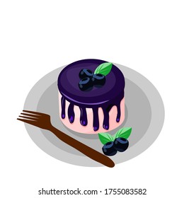 Strawberry cake topped with blueberry cream, The blueberry effect against the top, the cake is on a plate with a fork placed on the side. Vector illustration isolated on a white background.