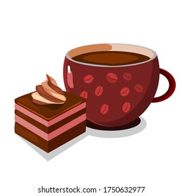 Strawberry cake topped with chocolate cream There are strawberries on top, with hot coffee in a red cup lined up. Isolated on white