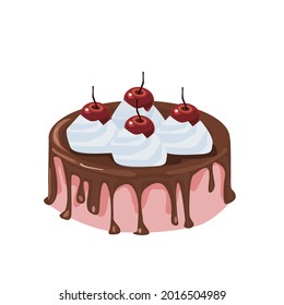 Strawberry Cake Topped with Chocolate.There is whipped cream and cherries on top.Isolated vector illustration on a white background.