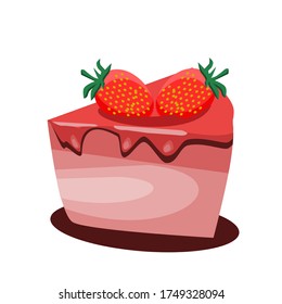 Strawberry cake topped with cream and with strawberry effect on top. Isolated on a white background.