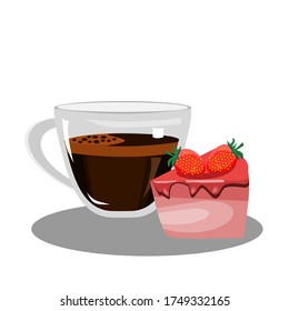 Strawberry cake topped with cream and with strawberry effect on top.With an espresso pot in clear glass. Isolated on a white background.