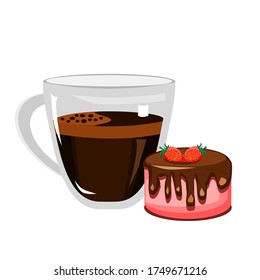 Strawberry cake topped with cream and with strawberry effect on top.With an espresso pot in clear glass. Isolated on a white background.