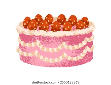 Strawberry cake with whipped cream swirls. Sweet pink dessert with berries and festive decoration. Confectionery treat. Holiday patisserie. Flat vector illustration isolated on white background