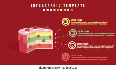 Strawberry cake with whipping cream. Template infographics in dessert design with 4 steps as layers of cake and labels. Vector eps 10 illustration infographic element with concept.