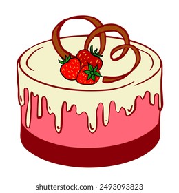 strawberry cake with white cream and chocolate. festive baking with berries for a holiday, anniversary, birthday, memorable event. Sketch style illustration