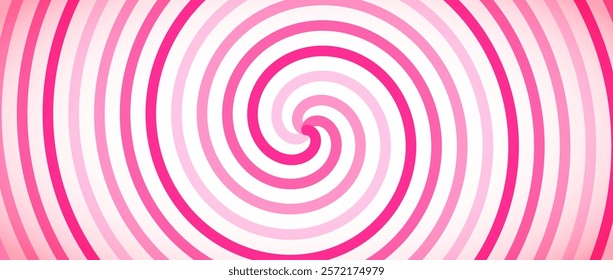 Strawberry candy color spiral background. Pink rotating swirl pattern wallpaper. Cute spinning vortex for banner, poster, flyer, booklet. Sweet cartoon hypnotic concept. Vector ice cream backdrop