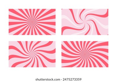 Strawberry candy or ice cream striped swirl backgrounds set. Twisted sunbeam pink sweet banner.