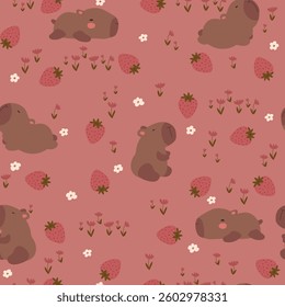Strawberry and capybara, seamless pattern.	
