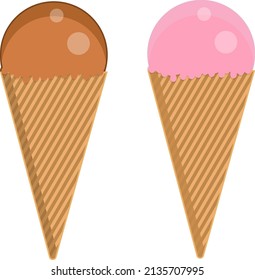 Strawberry and caramel ice creams in cone, illustration, vector on a white background.