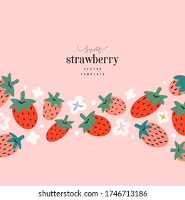 Strawberry card template, modern elegant design with blank space for message, hand drawn illustration of red berries with white flowers, good for banner,card, packaging or invitation
