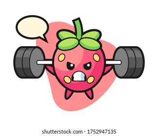 Strawberry cartoon with barbell mascot character