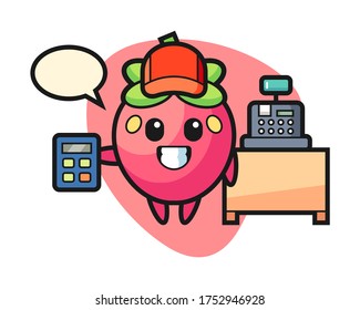 Strawberry cartoon as a cashier