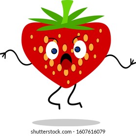 strawberry cartoon character berry jumping on a white background emotion of fright and surprise food concept