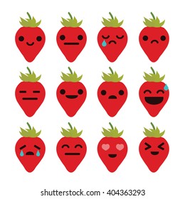 Strawberry Cartoon Character with Different Expressions. Flat Vector. Isolated