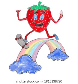 Strawberry Cartoon Character. Funny strawberry on a skateboard.