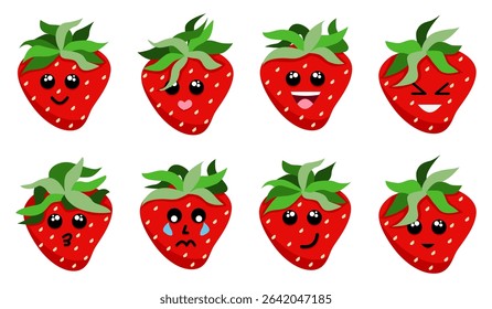 Strawberry cartoon character illustration with smiley face, laughing, sad, crying, and indifferent. Cute illustration vector.
