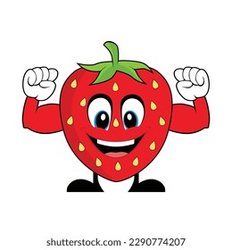 Strawberry Cartoon Character with Muscle Arms. Suitable for poster, banner, web, icon, mascot, background
